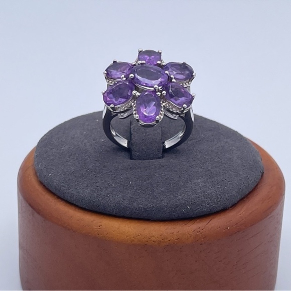 925 Sterling Silver Designer Amethyst Ring Flower Cluster Cocktail Ring Size 6